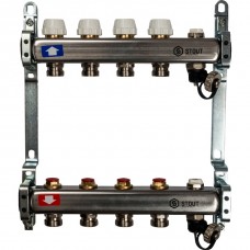 STOUT Коллектор из нержавеющей стали без расходомеров, с клапаном вып. воздуха и сливом 4 вых. (SMS-0932-000004)